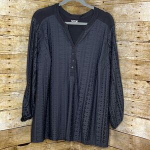 APT. 9 GRAY TAB SLEEVE EYELET OVERLAY CASUAL MODIST SIMPLE EVERYDAY BLOUSE 2X